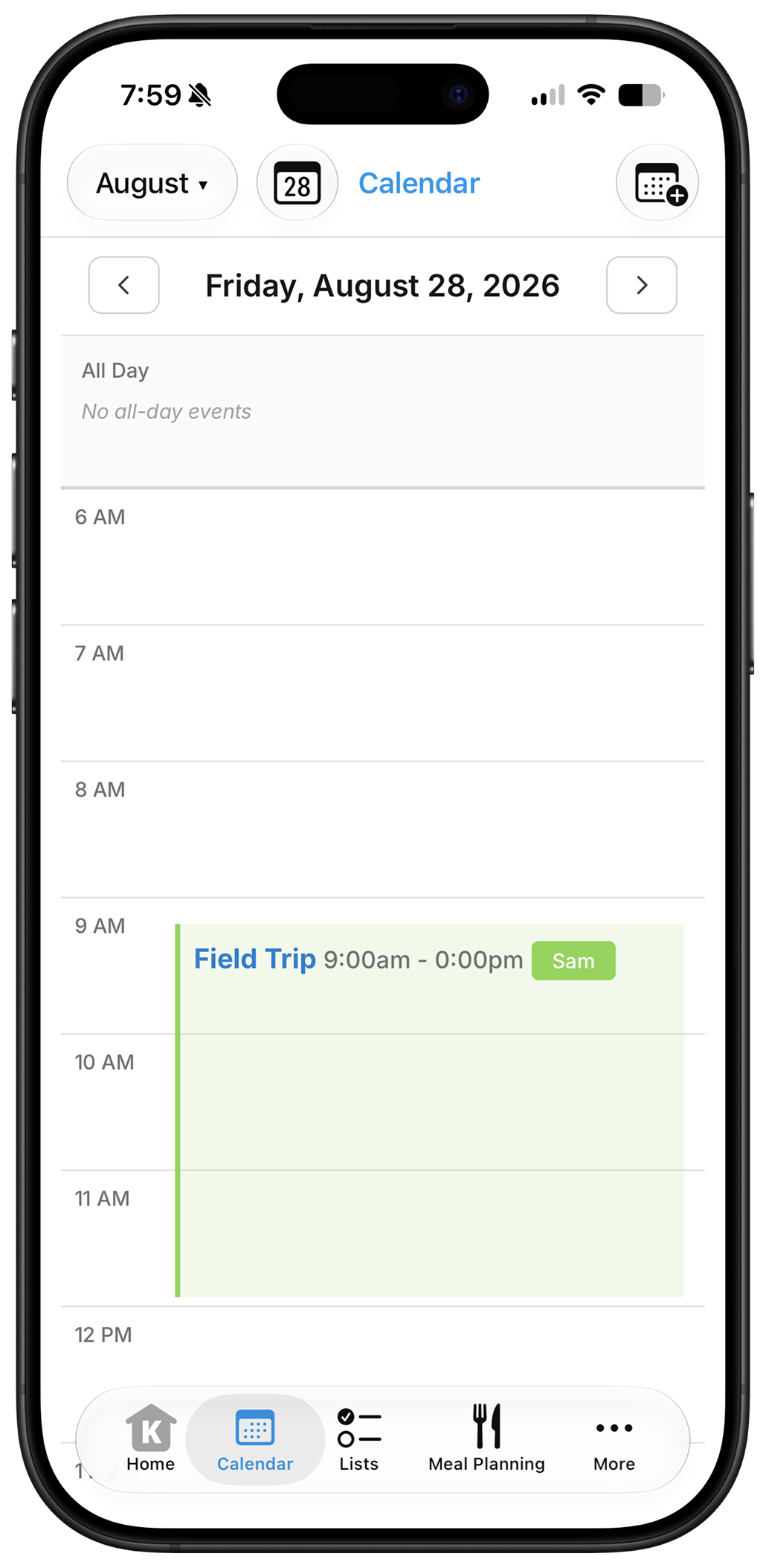 Kinily calendar showing the Field Trip event for Sam at 9:00 AM