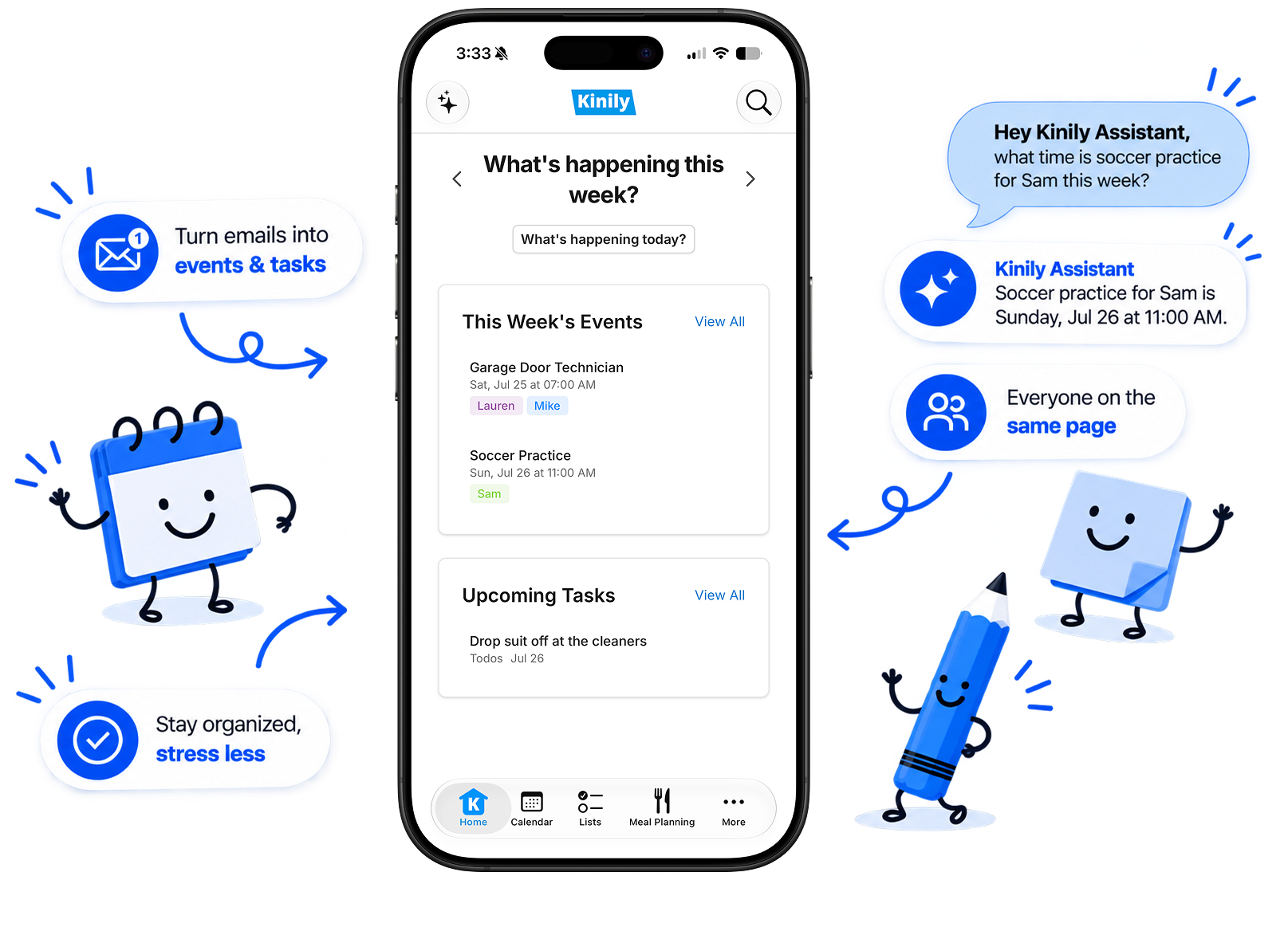 Kinily app showing this week's events and upcoming tasks