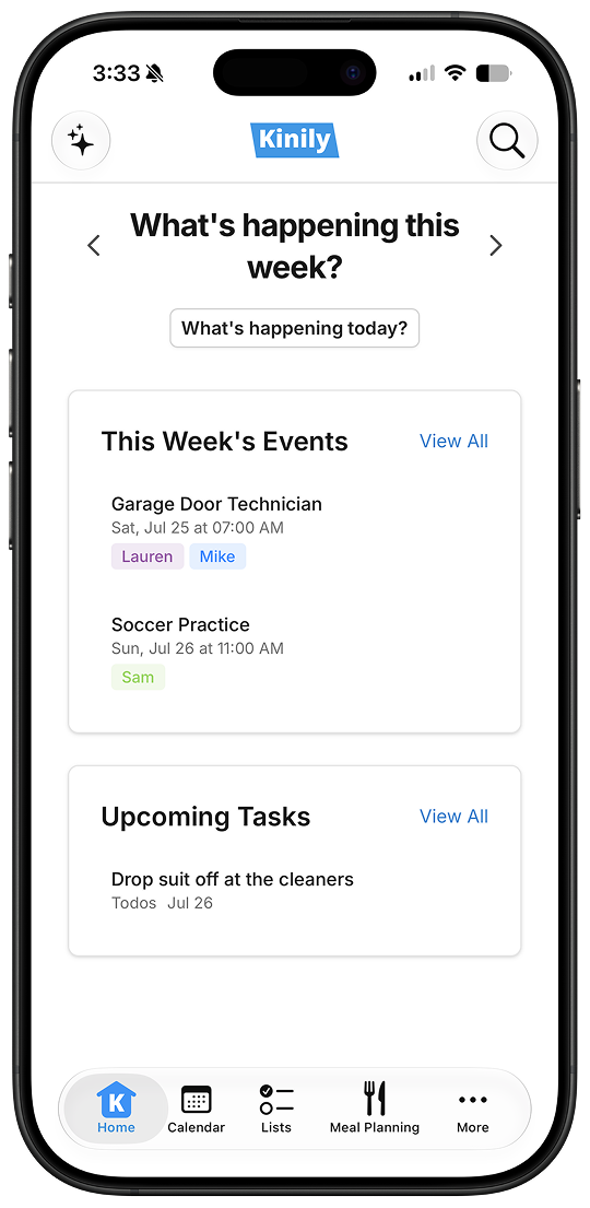 Kinily home screen showing a family's weekly events and upcoming tasks