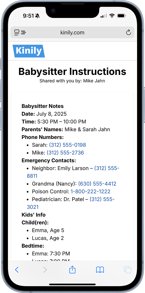 Shared babysitter instructions note opened on a caregiver's phone